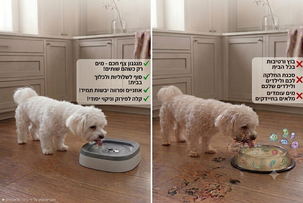 קערת שתייה חכמה לכלב וחתול – מונעת שפיכה ומגנה מחיידקים